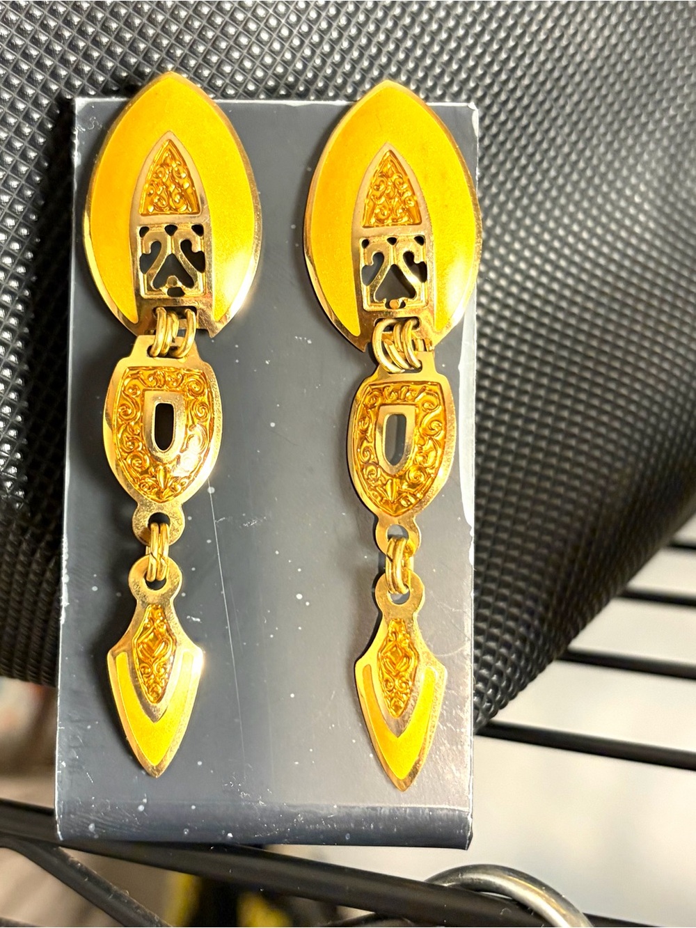 Vintage Edgar Berebi Goldtone Golden Yellow Enamel Drop Post Earrings Statement